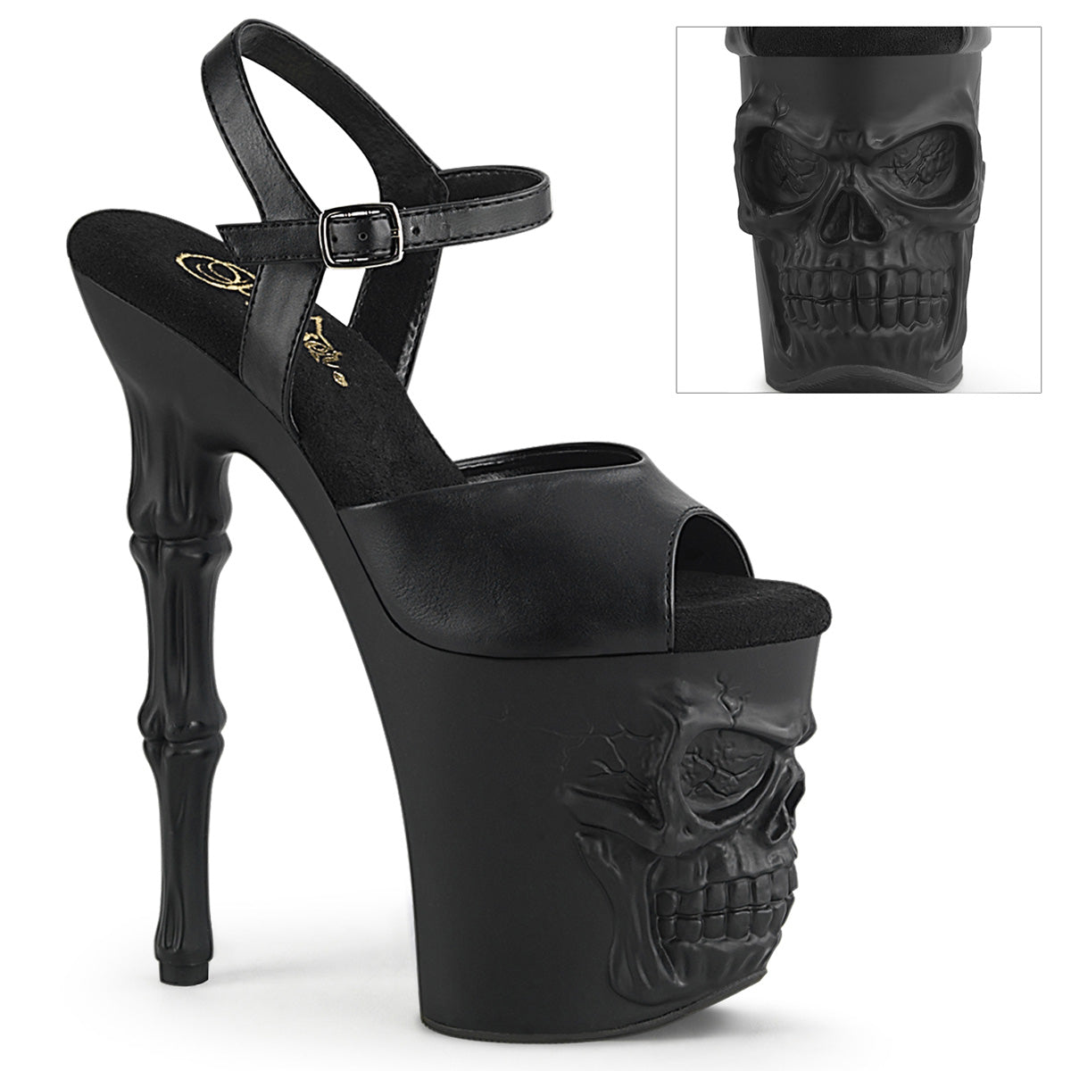 8" Finger Bone Heel, 4" Skull PF Ankle Strap Sandal (Pleaser RAPT809/B/M)