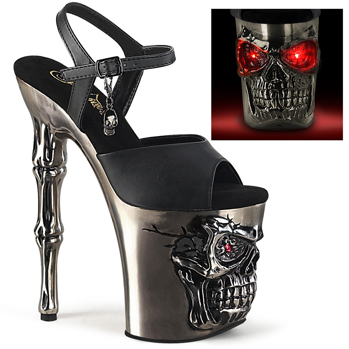 *8" Finger Bone Heel, 4" Skull PF LED Ankle Strap Sandal (Pleaser RAPT809-LT/BPU/BASCH)