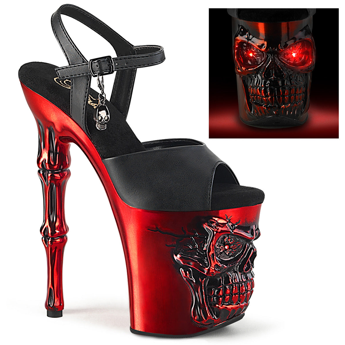 *8" Finger Bone Heel, 4" Skull PF LED Ankle Strap Sandal (Pleaser RAPT809-LT/BPU/BASCH)
