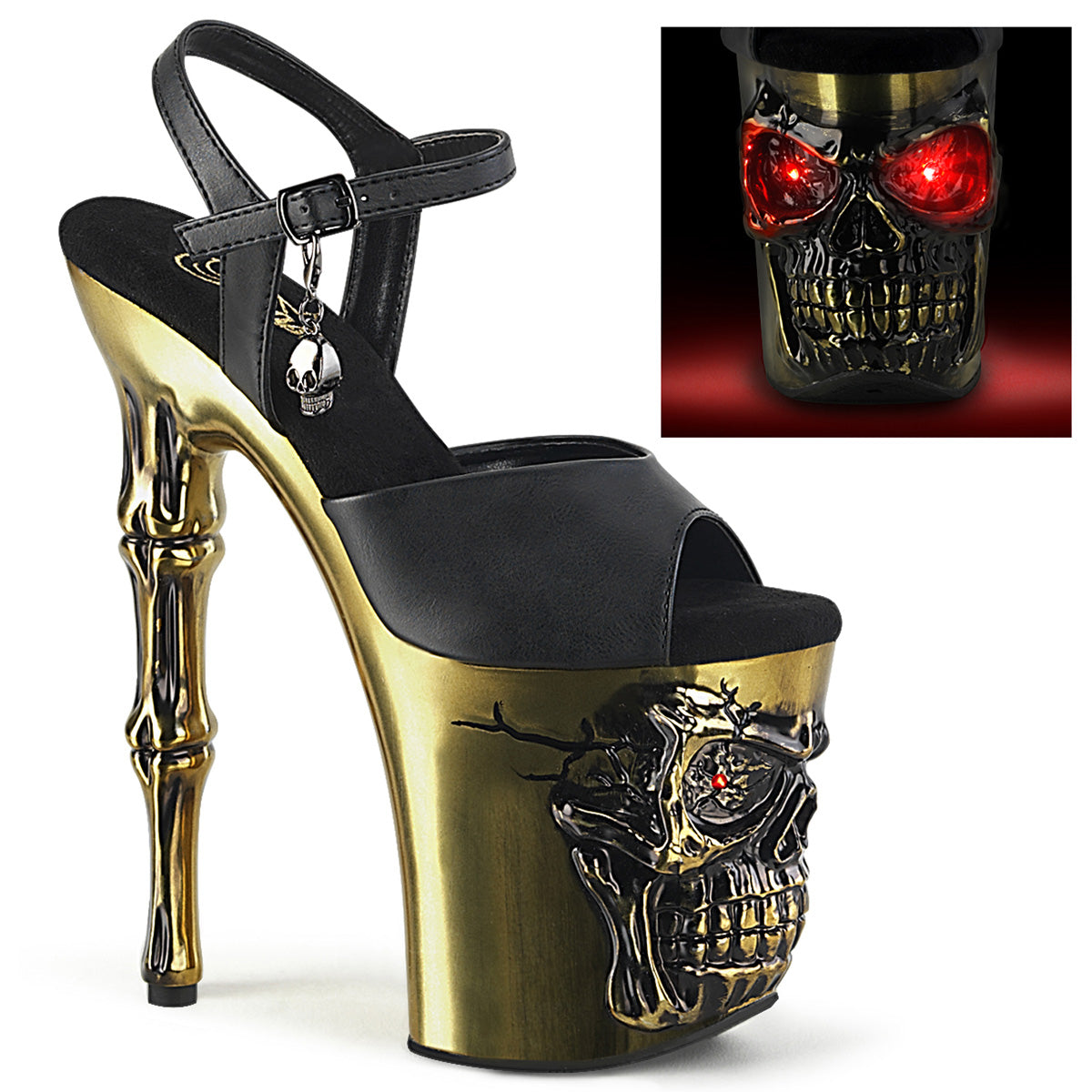 *8" Finger Bone Heel, 4" Skull PF LED Ankle Strap Sandal (Pleaser RAPT809-LT/BPU/BASCH)