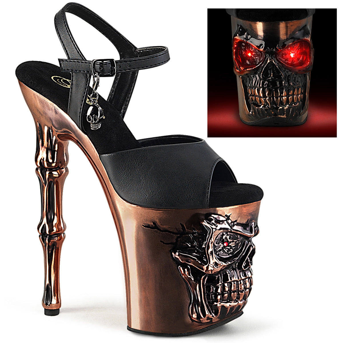 *8" Finger Bone Heel, 4" Skull PF LED Ankle Strap Sandal (Pleaser RAPT809-LT/BPU/BASCH)