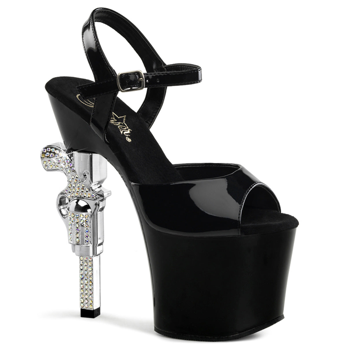 7" R/S Embellished Gun Heel, 3 1/4" PF Ankle Strap Sandal (Pleaser REV709/B/M)