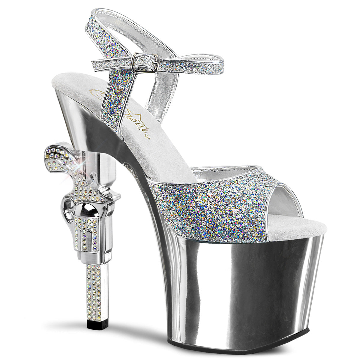 7" R/S Embellished Gun Heel, 3 1/4" PF Ankle Strap Sandal (Pleaser REV709G/BPG/BPCH)