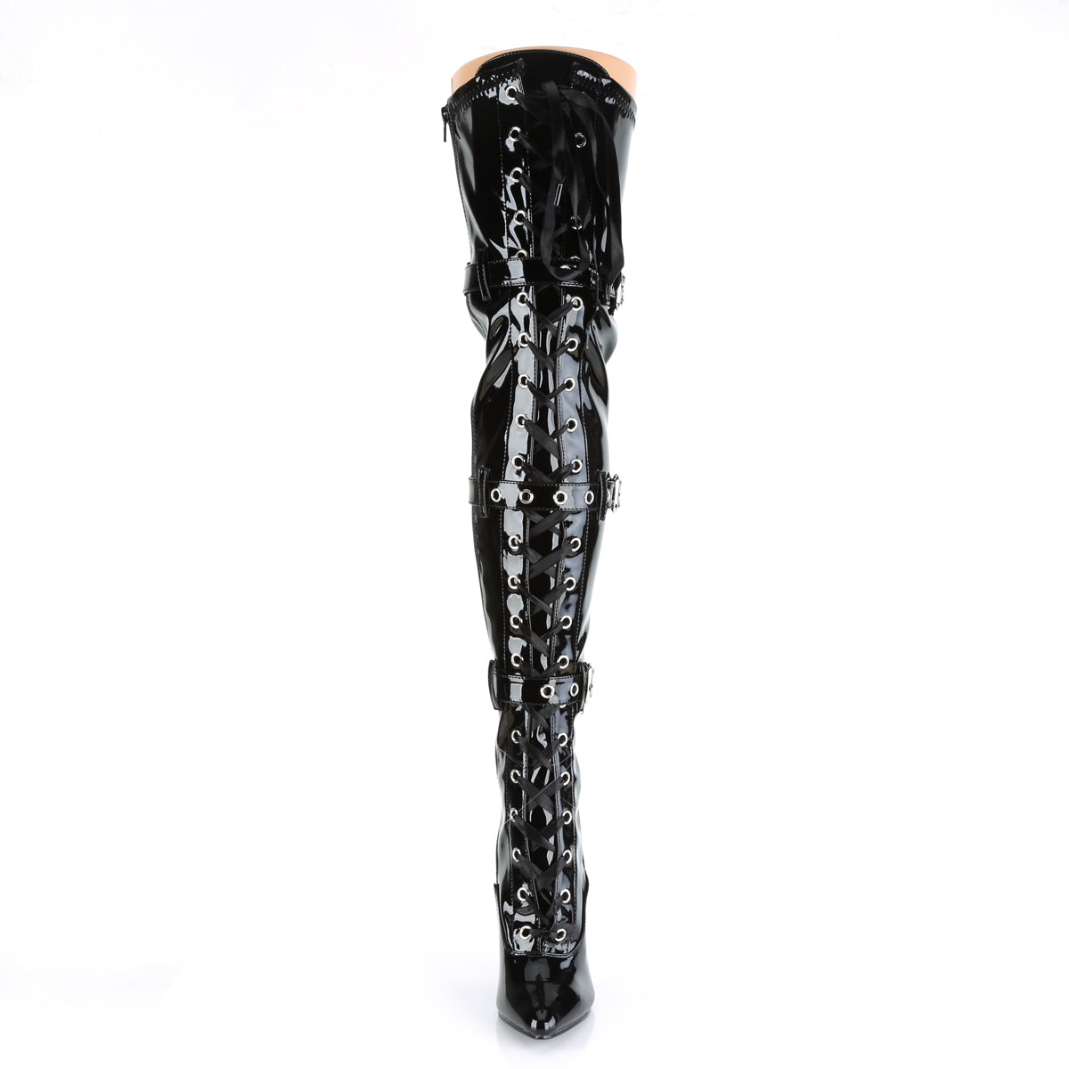 5" Heel Lace-Up Buckle Strap Stretch Thigh Boot, Side Zip (Pleaser SED3028/B)