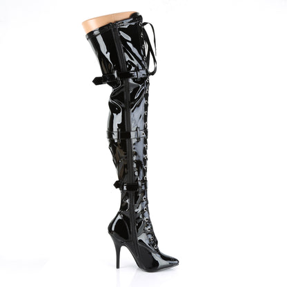 5" Heel Lace-Up Buckle Strap Stretch Thigh Boot, Side Zip (Pleaser SED3028/B)