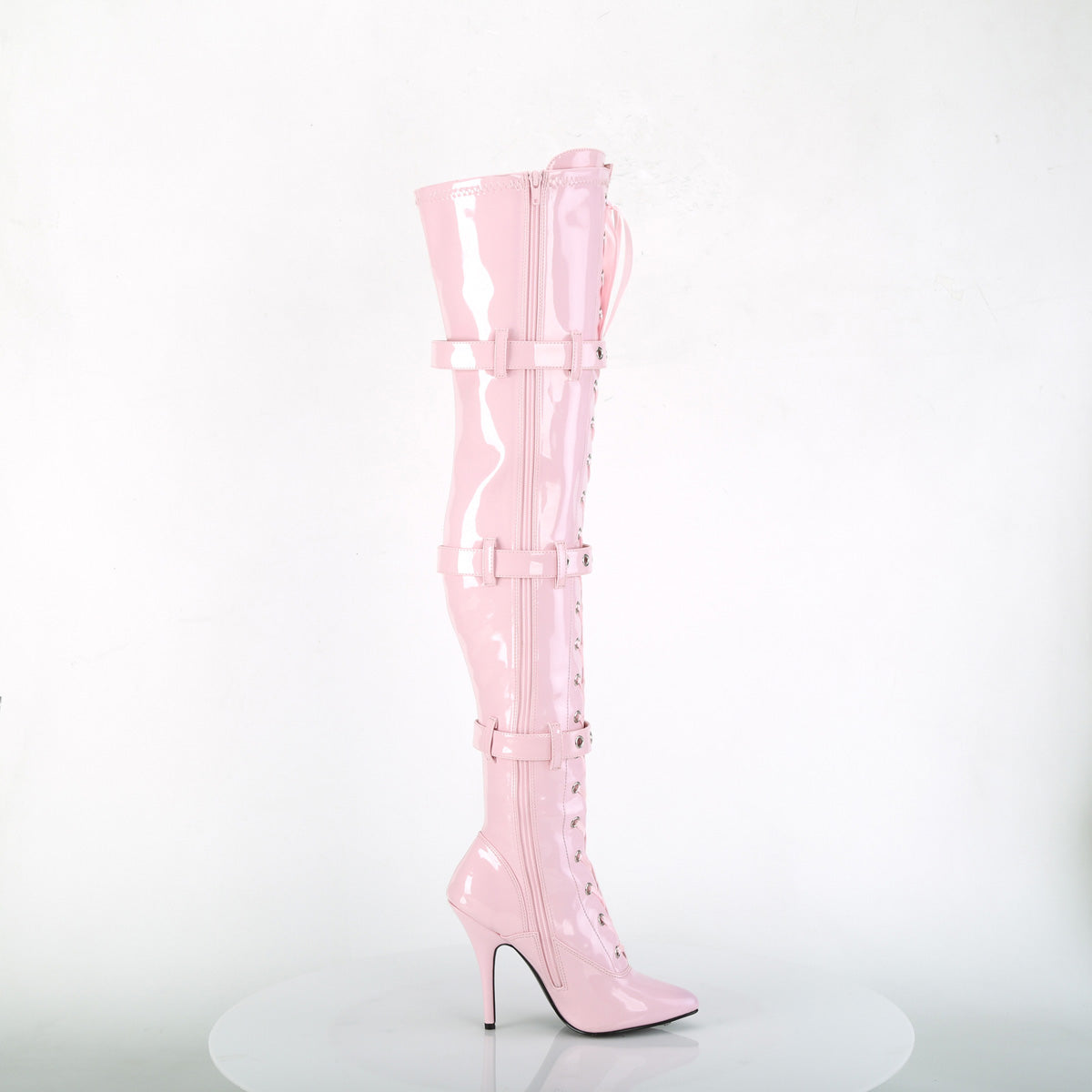 5" Heel Lace-Up Buckle Strap Stretch Thigh Boot, Side Zip (Pleaser SED3028/B)