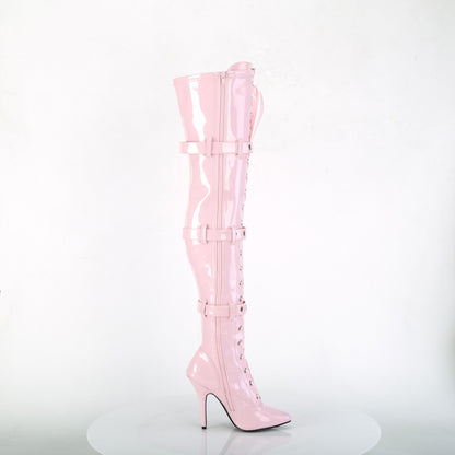 5" Heel Lace-Up Buckle Strap Stretch Thigh Boot, Side Zip (Pleaser SED3028/B)
