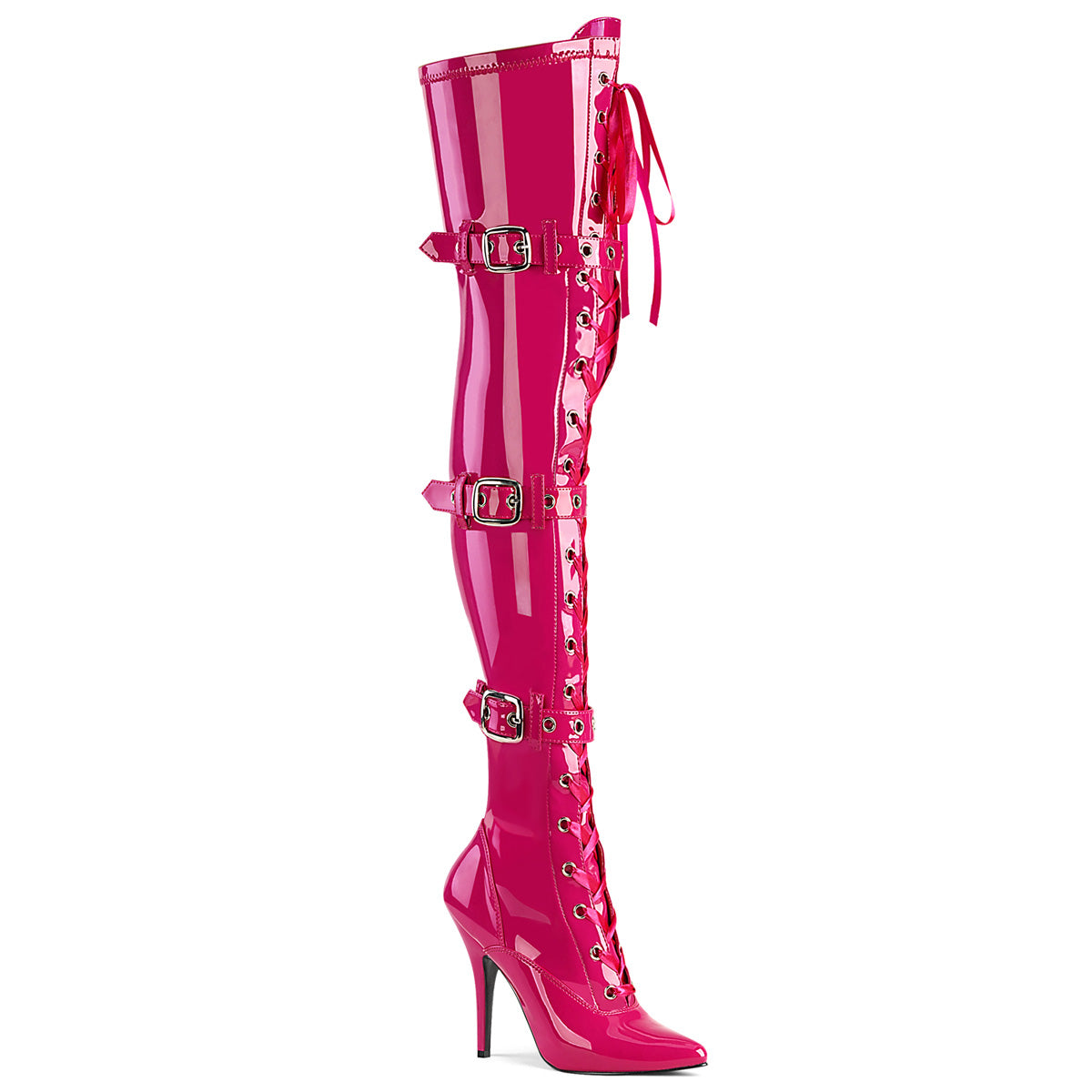 5" Heel Lace-Up Buckle Strap Stretch Thigh Boot, Side Zip (Pleaser SED3028/B)
