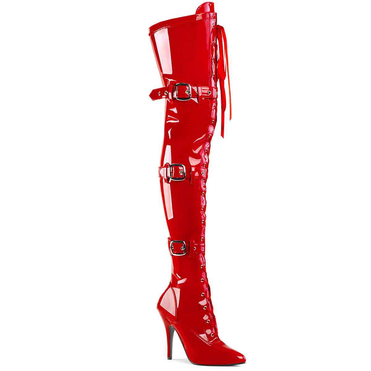5" Heel Lace-Up Buckle Strap Stretch Thigh Boot, Side Zip (Pleaser SED3028/B)