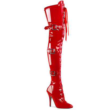 5" Heel Lace-Up Buckle Strap Stretch Thigh Boot, Side Zip (Pleaser SED3028/B)