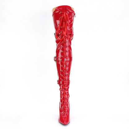 5" Heel Lace-Up Buckle Strap Stretch Thigh Boot, Side Zip (Pleaser SED3028/B)