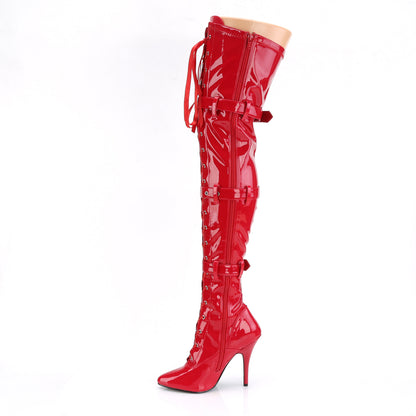 5" Heel Lace-Up Buckle Strap Stretch Thigh Boot, Side Zip (Pleaser SED3028/B)