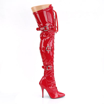 5" Heel Lace-Up Buckle Strap Stretch Thigh Boot, Side Zip (Pleaser SED3028/B)