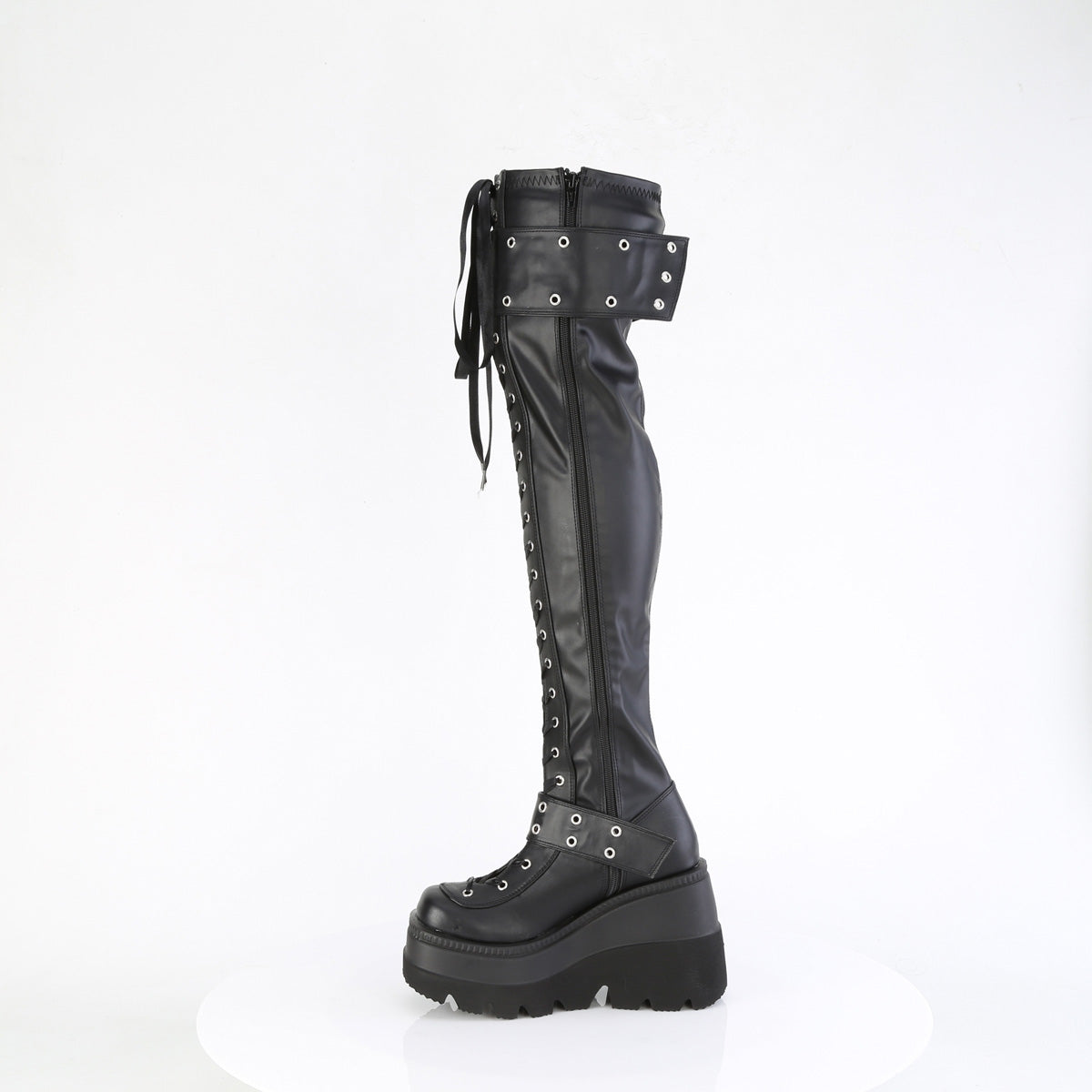 4 1/2" Wedge PF Lace-Up Stretch Thigh High Boot, Side Zip (Demonia SHA325/BVL)