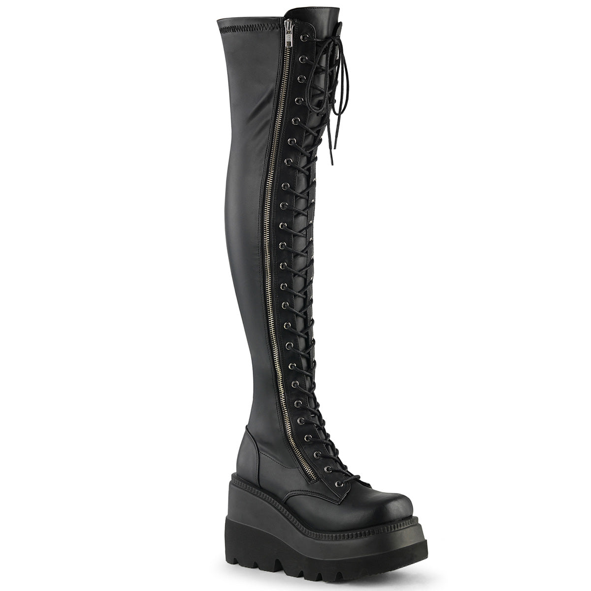 4 1/2" Wedge PF Lace-Up Thigh-High Boot, Outside Zip (Demonia SHA374/BVL)