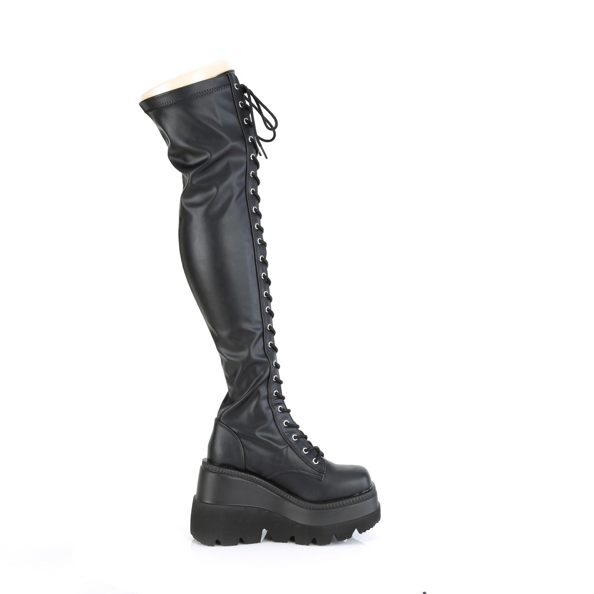 4 1/2" Wedge PF Lace-Up Thigh-High Boot, Outside Zip (Demonia SHA374/BVL)