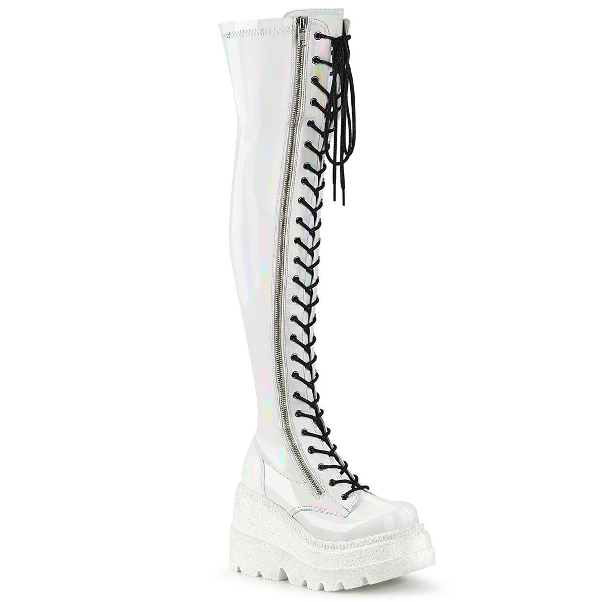 4 1/2" Wedge PF Lace-Up Thigh-High Boot, Outside Zip (Demonia SHA374/BVL)