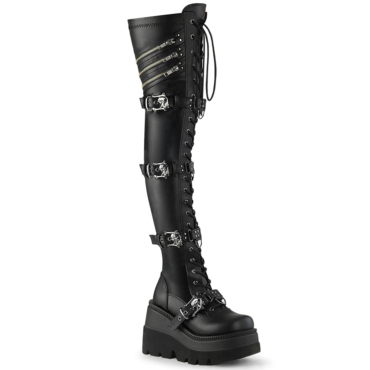 4 1/2" Wedge PF Lace-Up Stretch Thigh High Boot, Side Zip (Demonia SHA420/BVL)