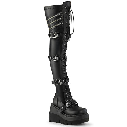4 1/2" Wedge PF Lace-Up Stretch Thigh High Boot, Side Zip (Demonia SHA420/BVL)