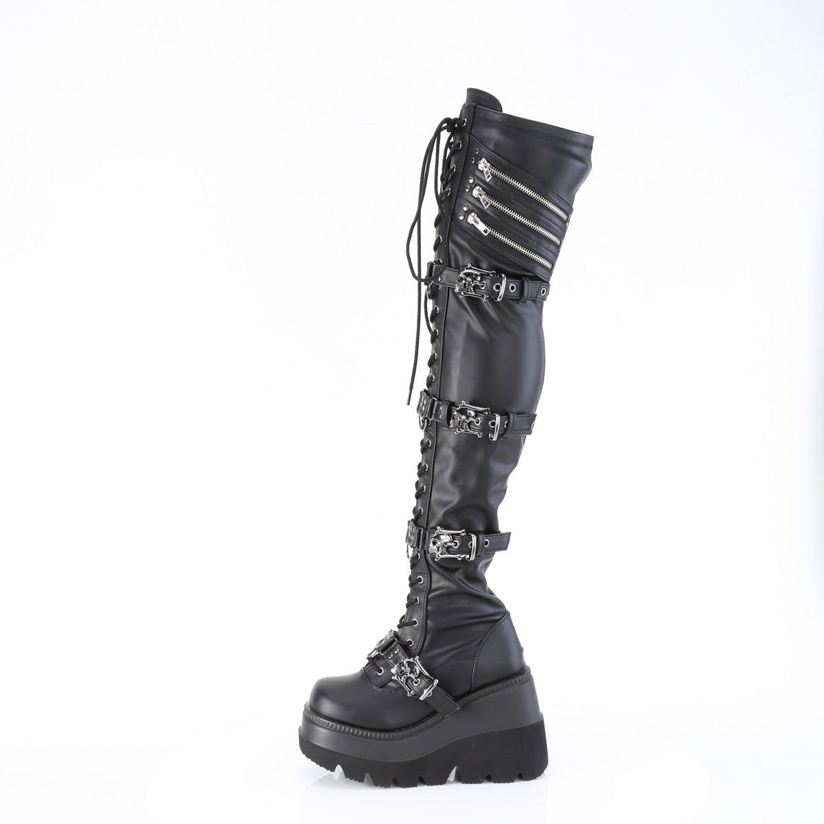 4 1/2" Wedge PF Lace-Up Stretch Thigh High Boot, Side Zip (Demonia SHA420/BVL)