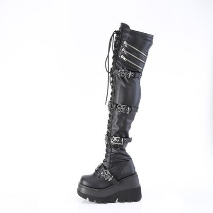 4 1/2" Wedge PF Lace-Up Stretch Thigh High Boot, Side Zip (Demonia SHA420/BVL)