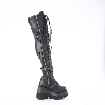 4 1/2" Wedge PF Lace-Up Stretch Thigh High Boot, Side Zip (Demonia SHA420/BVL)
