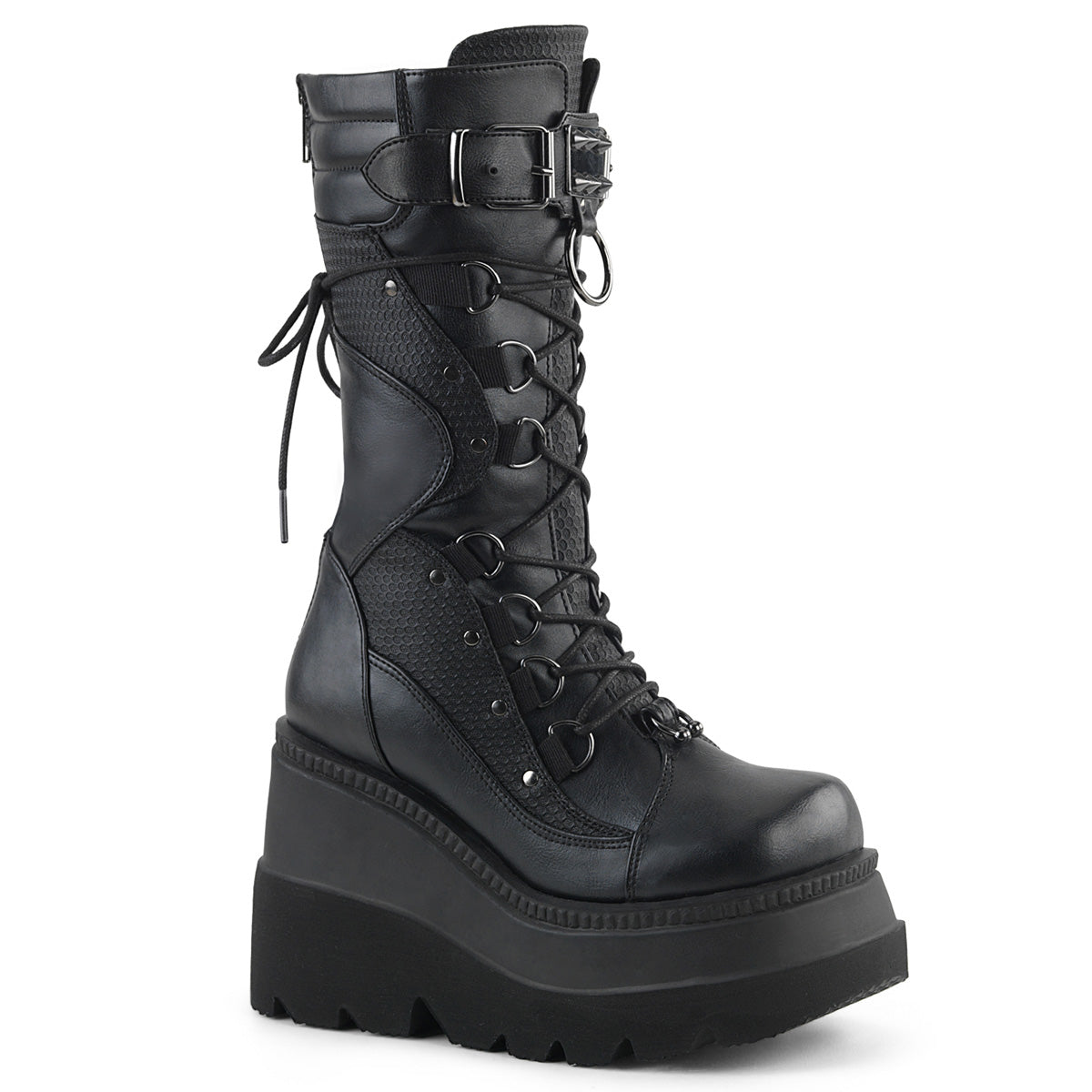 1/2" Wedge PF Lace-Up Mid-Calf Boot, Back Metal Zipper (Demonia SHA70/BVL)