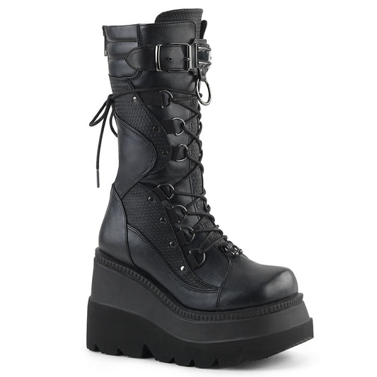 1/2" Wedge PF Lace-Up Mid-Calf Boot, Back Metal Zipper (Demonia SHA70/BVL)