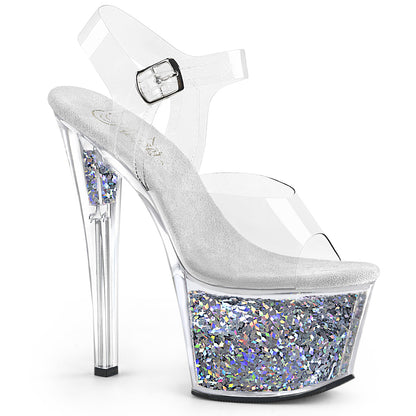 *7" Heel, 2 3/4" Glitter Filled PF Ankle Strap Sandal (Pleaser SKY308GF/C/BG)