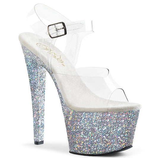 7" Heel, 2 3/4" PF Ankle Strap Sandal w/ Glitter Bottom (Pleaser SKY308LG/C/SG)