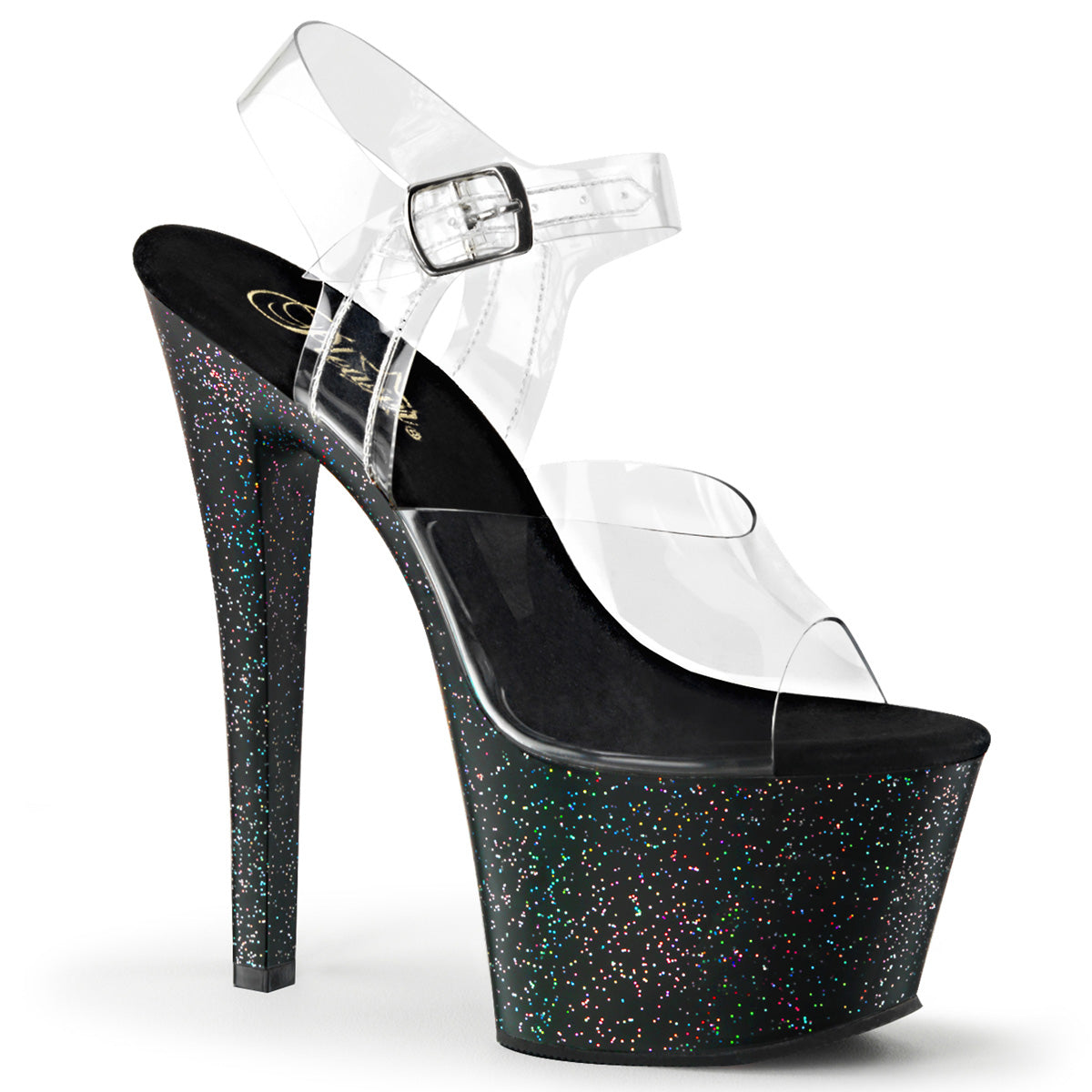 7" Heel, 2 3/4" PF Ankle Strap Sandal w/Mini Glitter (Pleaser SKY308MG/C/B)
