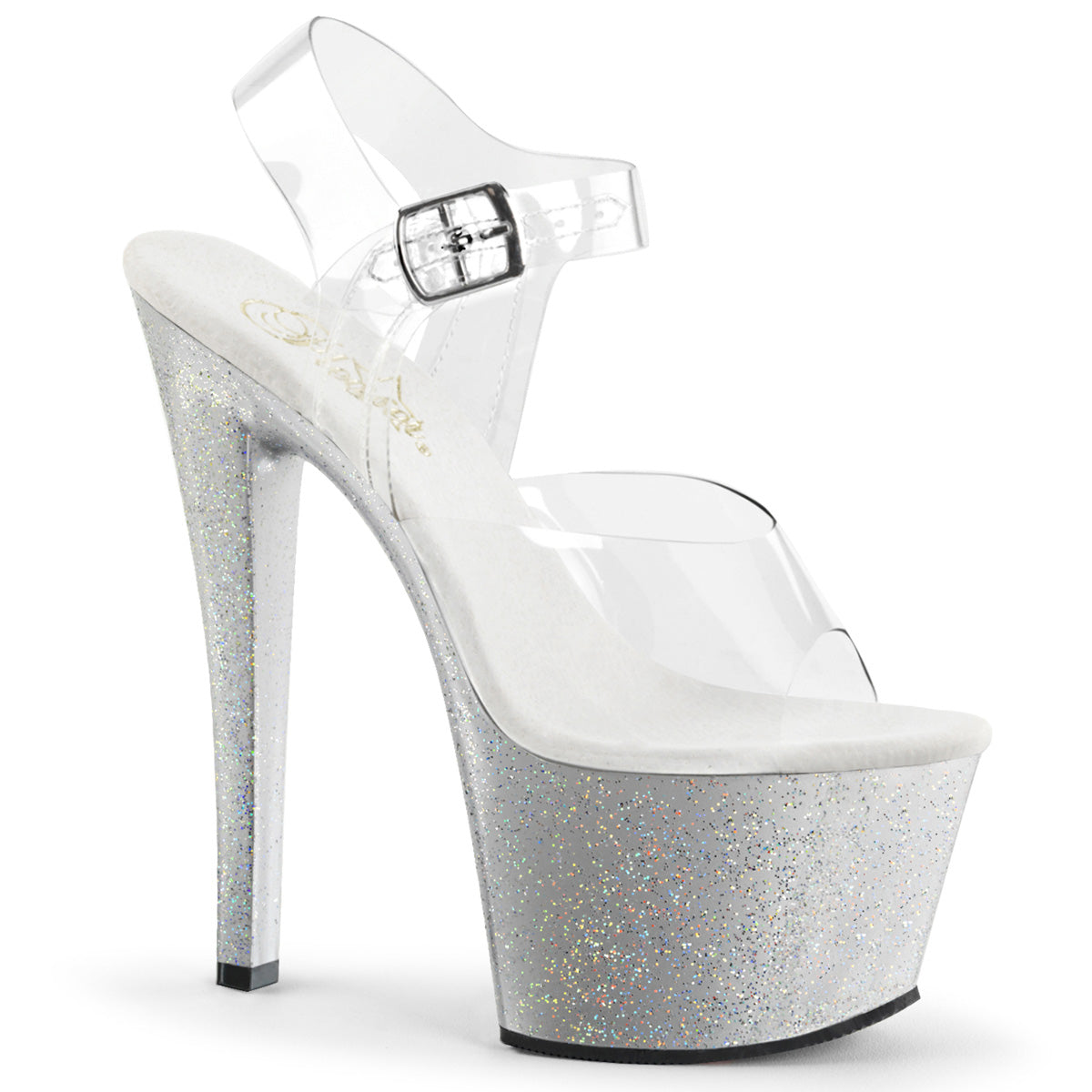7" Heel, 2 3/4" PF Ankle Strap Sandal w/Mini Glitter (Pleaser SKY308MG/C/B)