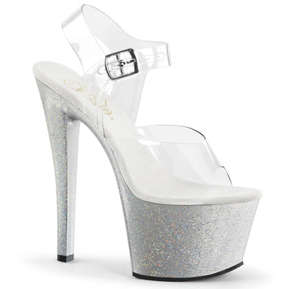 7" Heel, 2 3/4" PF Ankle Strap Sandal w/Mini Glitter (Pleaser SKY308MG/C/B)