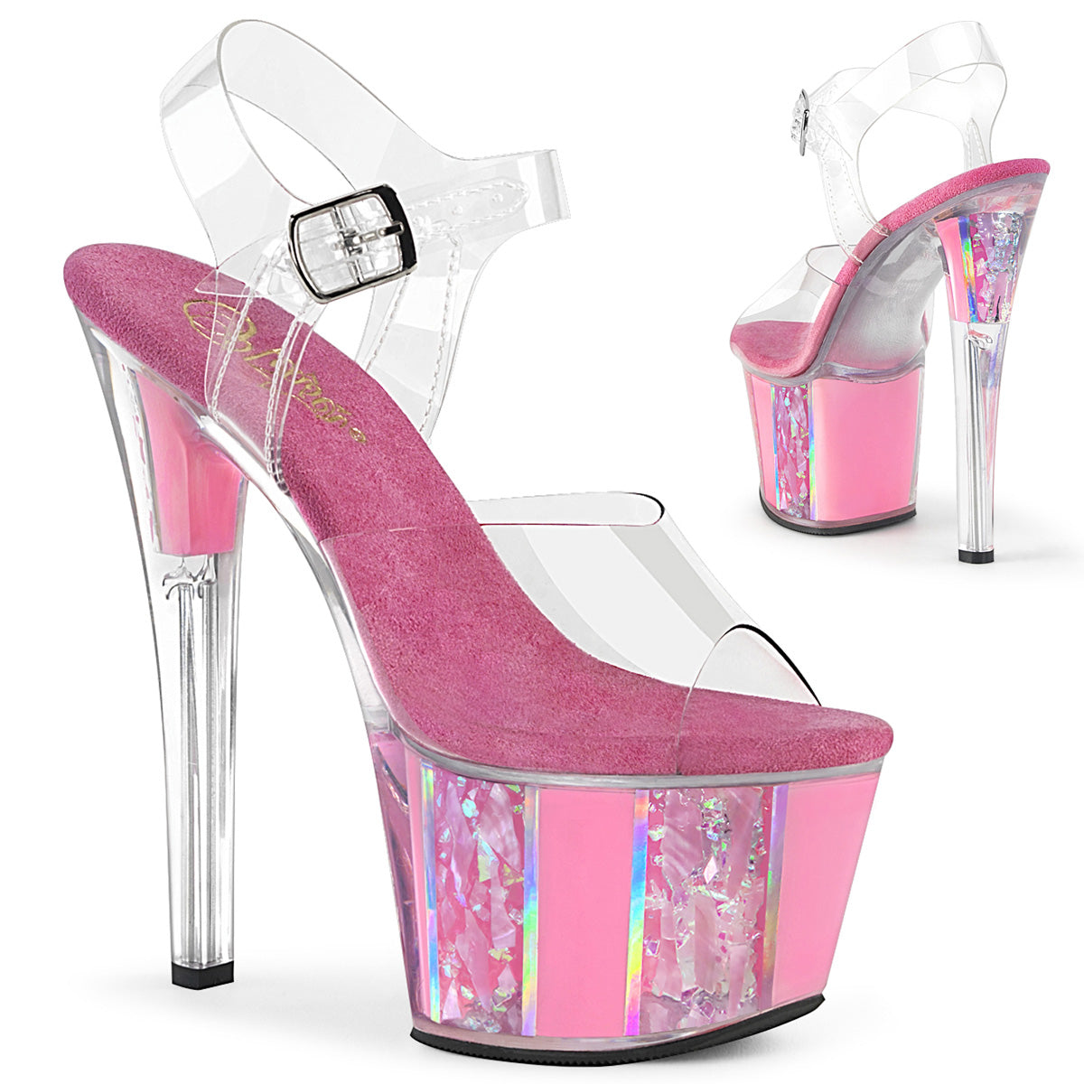 *7" Heel, 2 3/4" PF Ankle Strap Sandal w/ Opal Flakes (Pleaser SKY308OF/C/BP)