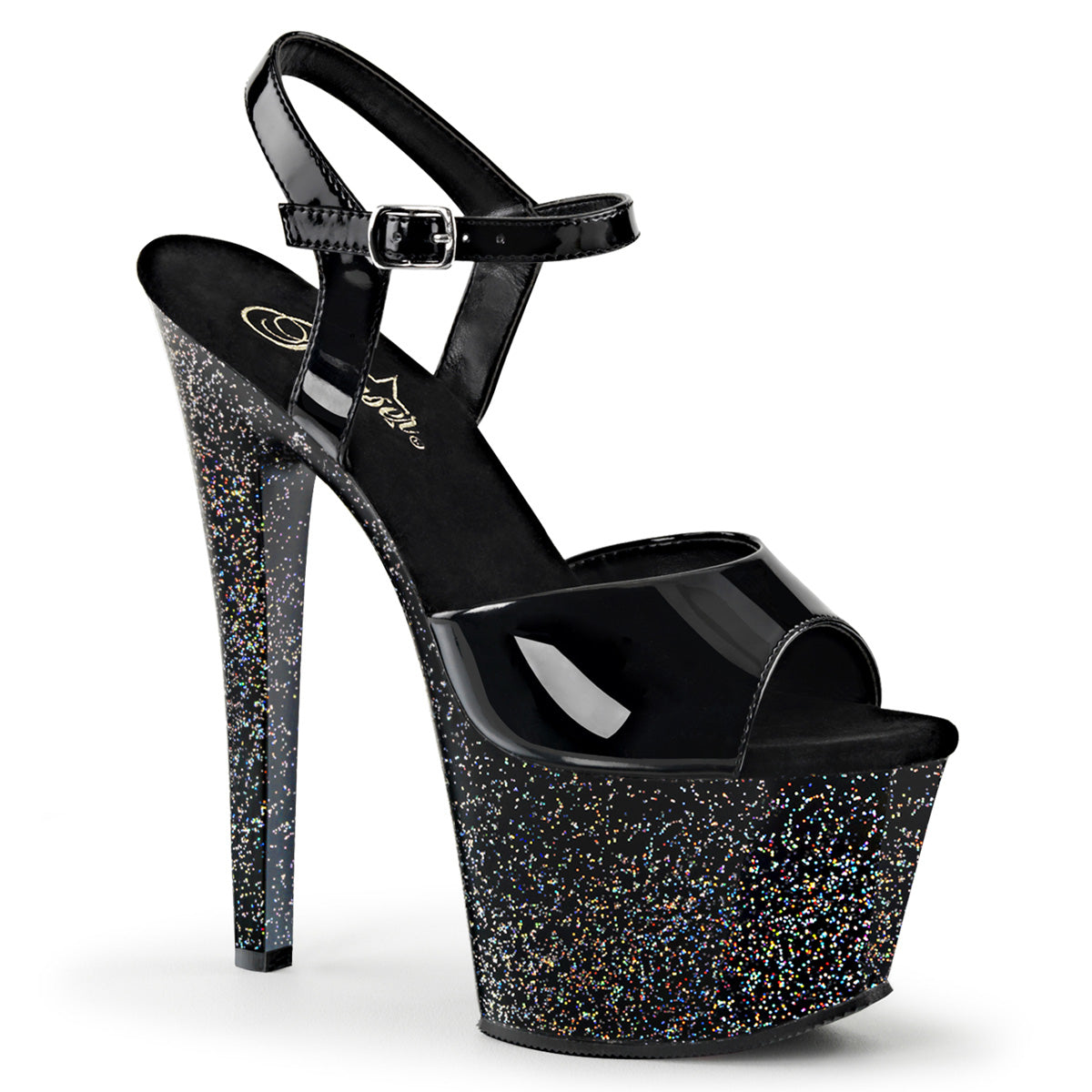 7" Heel, 2 3/4" PF Ankle Strap Sandal w/Mini Glitter (Pleaser SKY309MG/B/M)