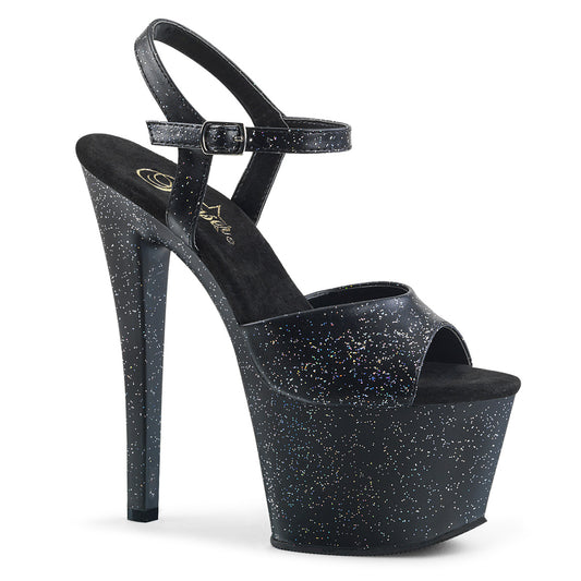 7" Heel, 2 3/4" PF Heel Ankle Strap Sandal w/Mini Glitter (Pleaser SKY309MMG/BPU/M)