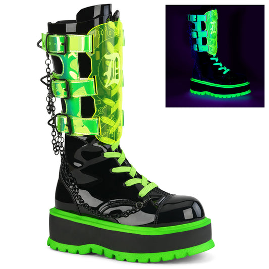 *2" PF Lace-Up Mid-Calf Boot, Metal Side Zip (Demonia SLK156/B-UVGN)