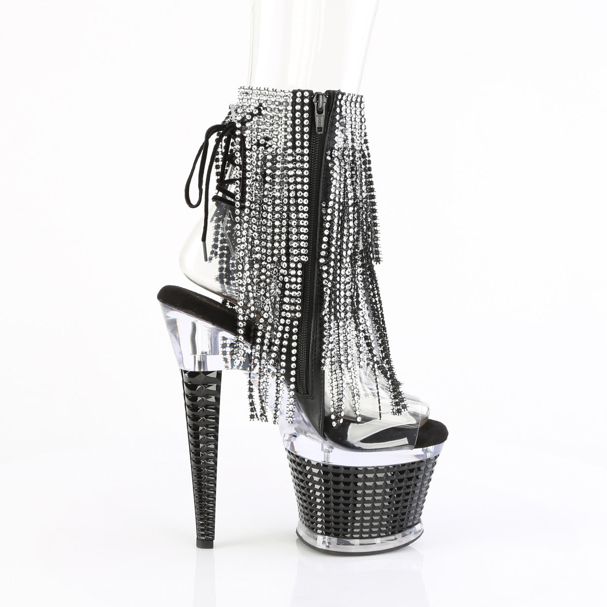 7" Heel, 3" Textured PF Open Toe/Heel Lace-Up Fringe Ankle (Pleaser SPEC1017RSF/C-S/C)