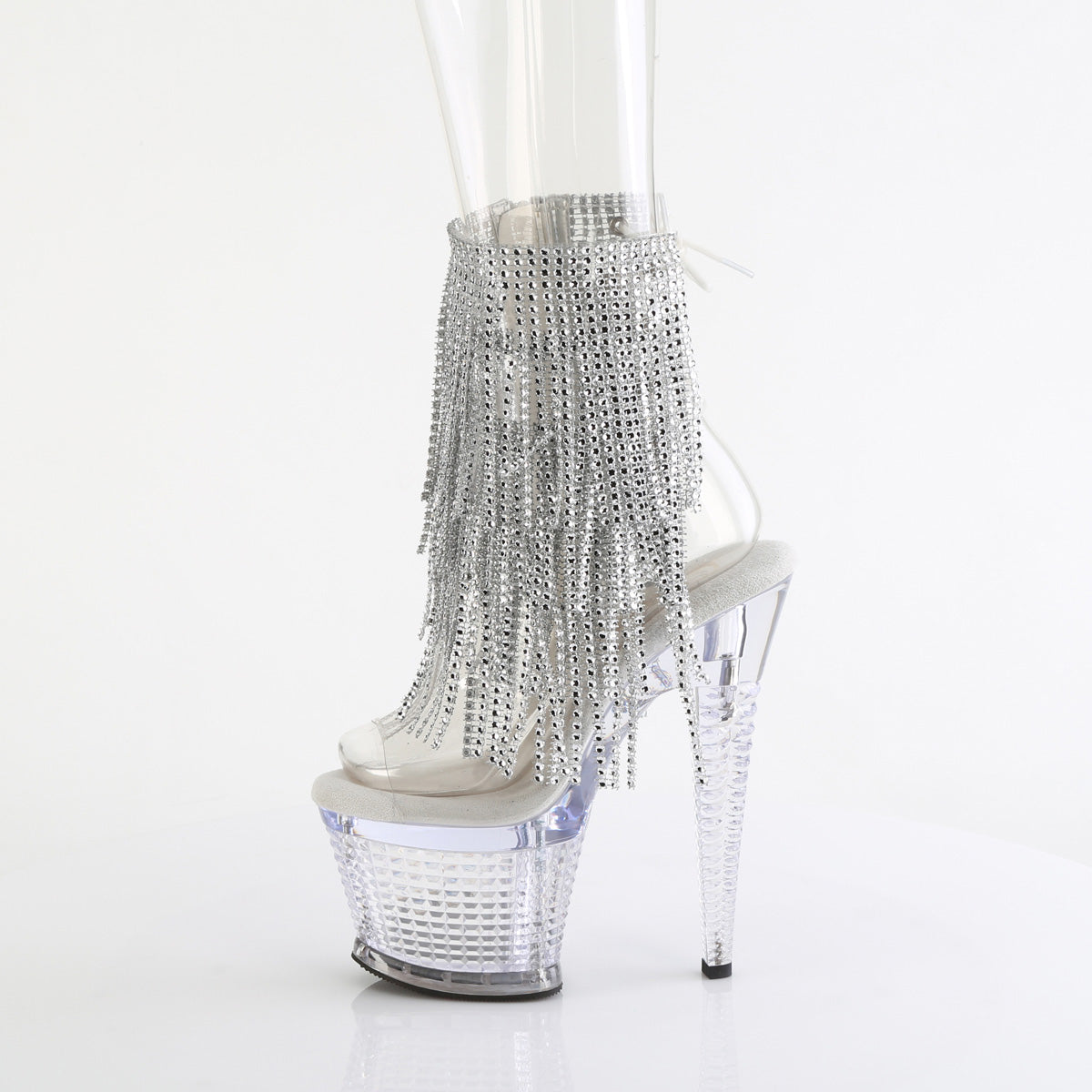 7" Heel, 3" Textured PF Open Toe/Heel Lace-Up Fringe Ankle (Pleaser SPEC1017RSF/C-S/C)