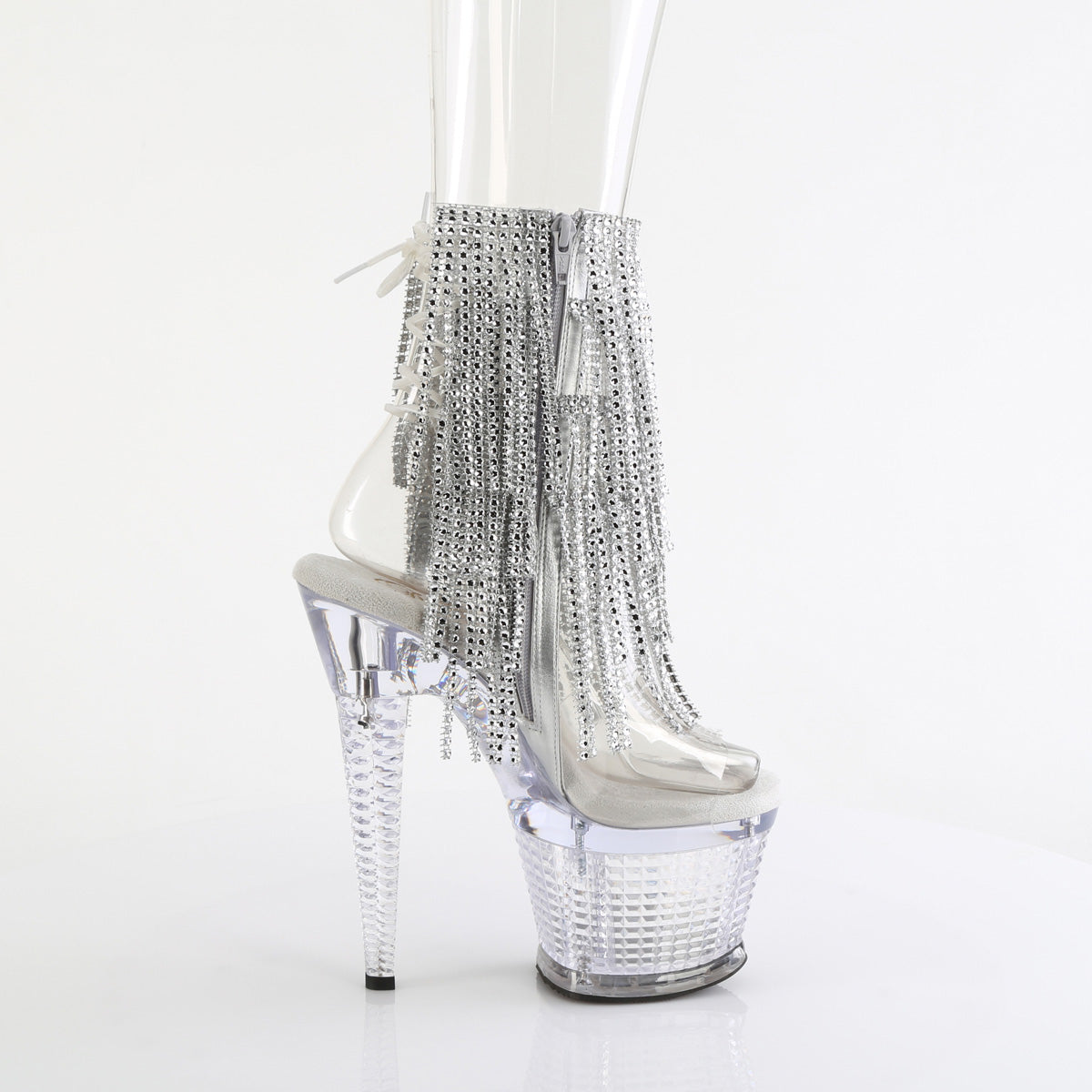 7" Heel, 3" Textured PF Open Toe/Heel Lace-Up Fringe Ankle (Pleaser SPEC1017RSF/C-S/C)