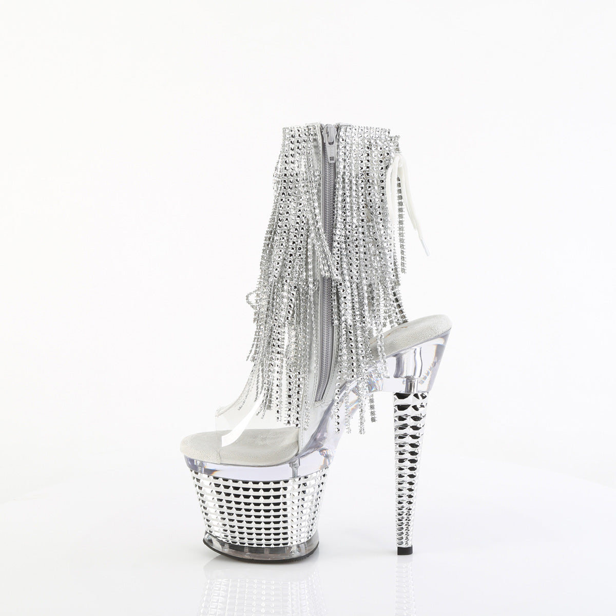 7" Heel, 3" Textured PF Open Toe/Heel Lace-Up Fringe Ankle (Pleaser SPEC1017RSF/C-S/C)