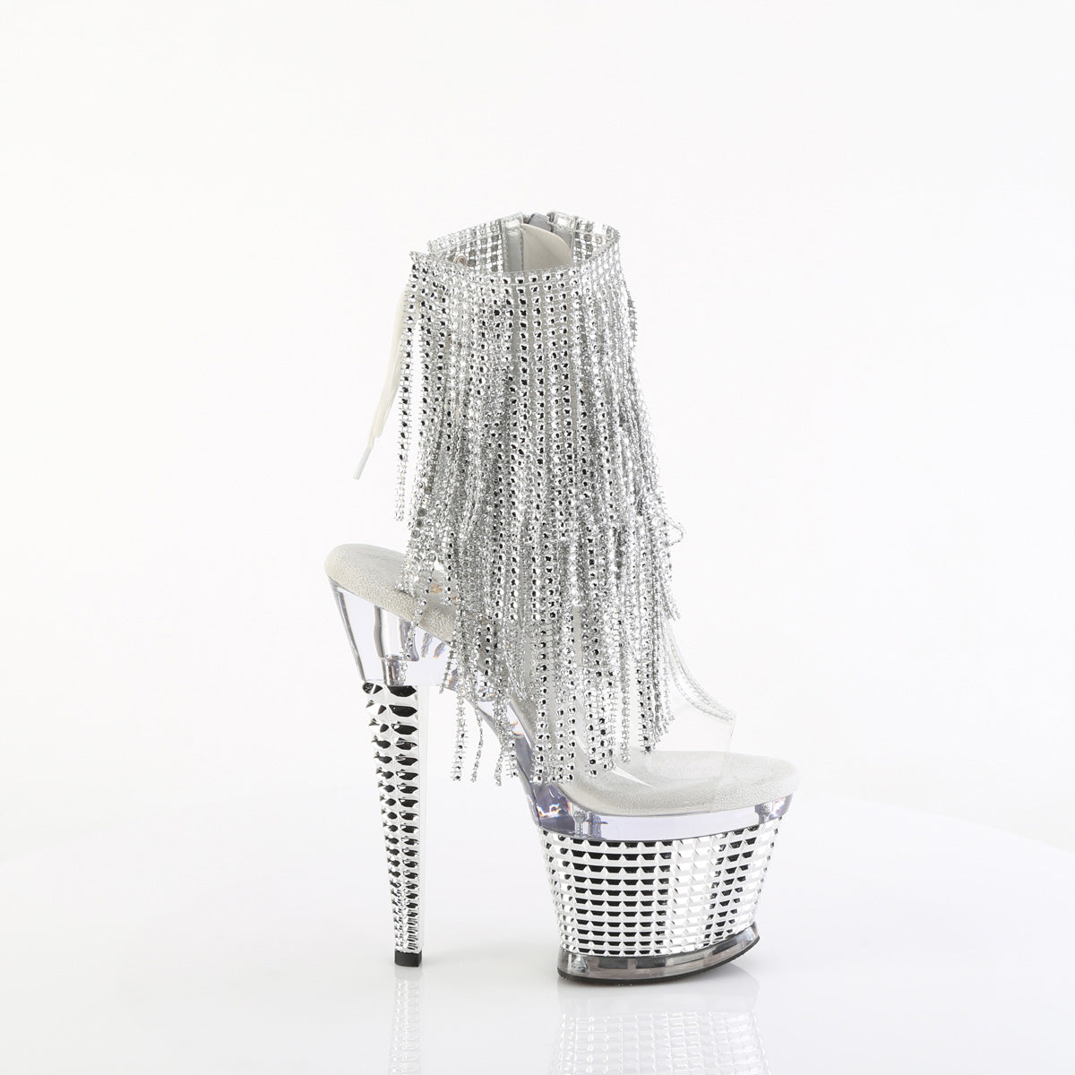 7" Heel, 3" Textured PF Open Toe/Heel Lace-Up Fringe Ankle (Pleaser SPEC1017RSF/C-S/C)