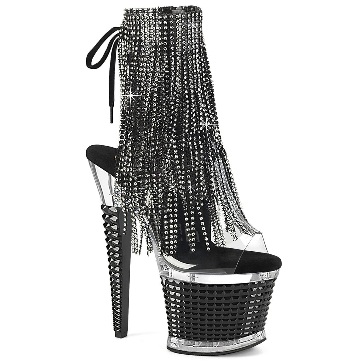 7" Heel, 3" Textured PF Open Toe/Heel Lace-Up Fringe Ankle (Pleaser SPEC1017RSF/C-S/C)