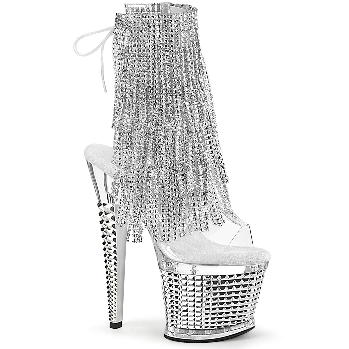 7" Heel, 3" Textured PF Open Toe/Heel Lace-Up Fringe Ankle (Pleaser SPEC1017RSF/C-S/C)