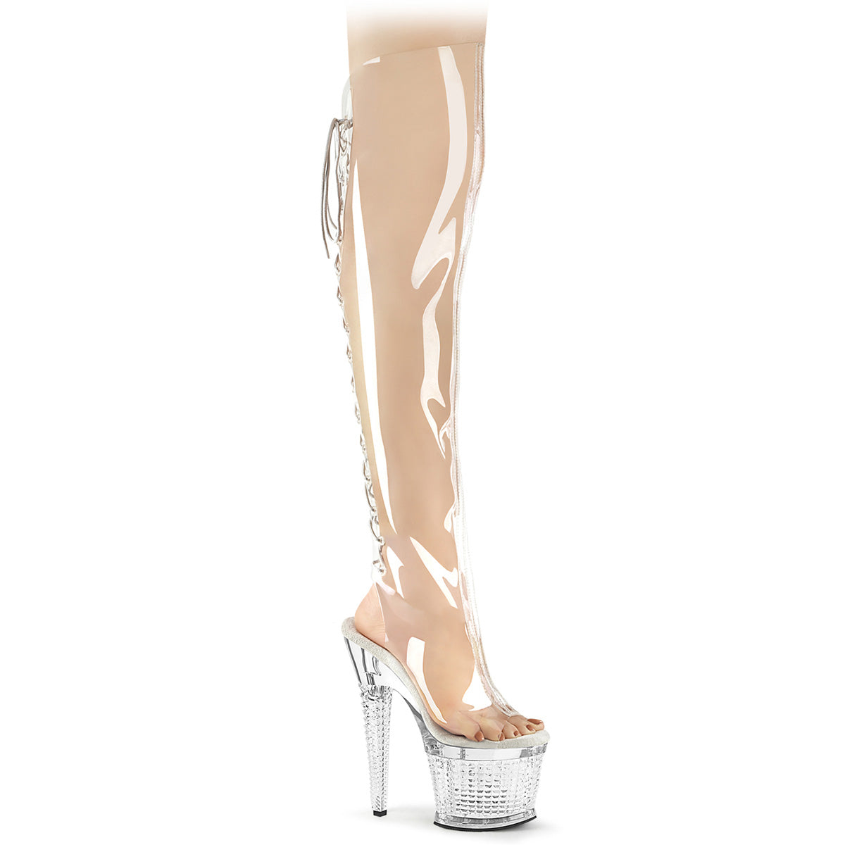 *7" Heel, 3" Textured PF Open Toe/Heel OTK Boot, Side Zip (Pleaser SPEC3019C/C/M)