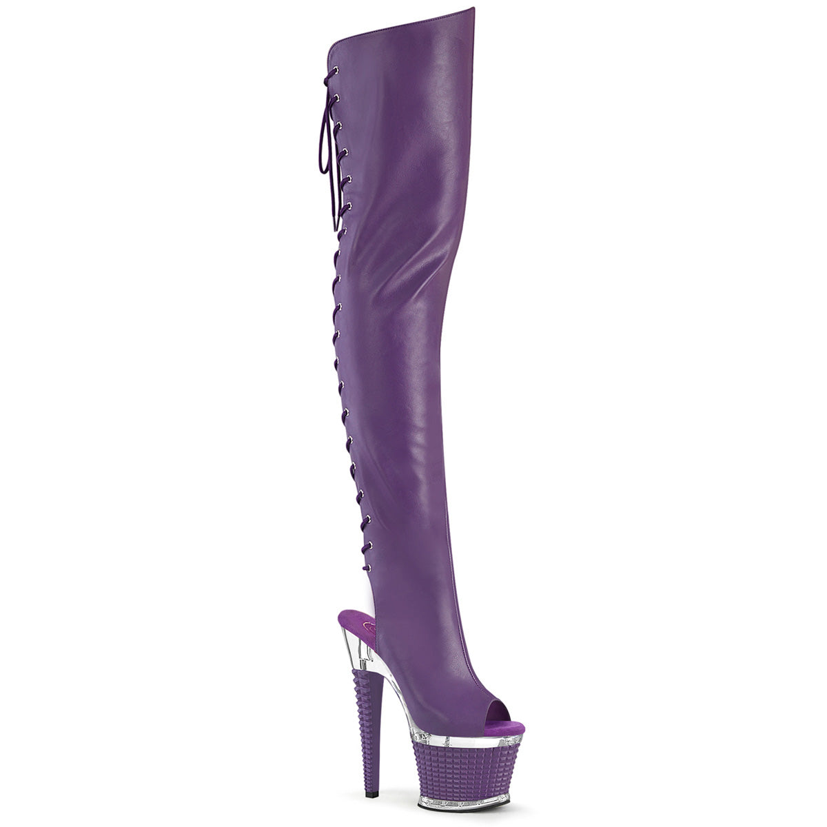 7" Heel, 3" Textured PF Lace-Up Back Thigh Boot, Side Zip (Pleaser SPEC3030/BPPU/C-BP)