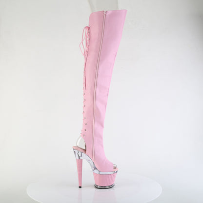 7" Heel, 3" Textured PF Lace-Up Back Thigh Boot, Side Zip (Pleaser SPEC3030/BPPU/C-BP)