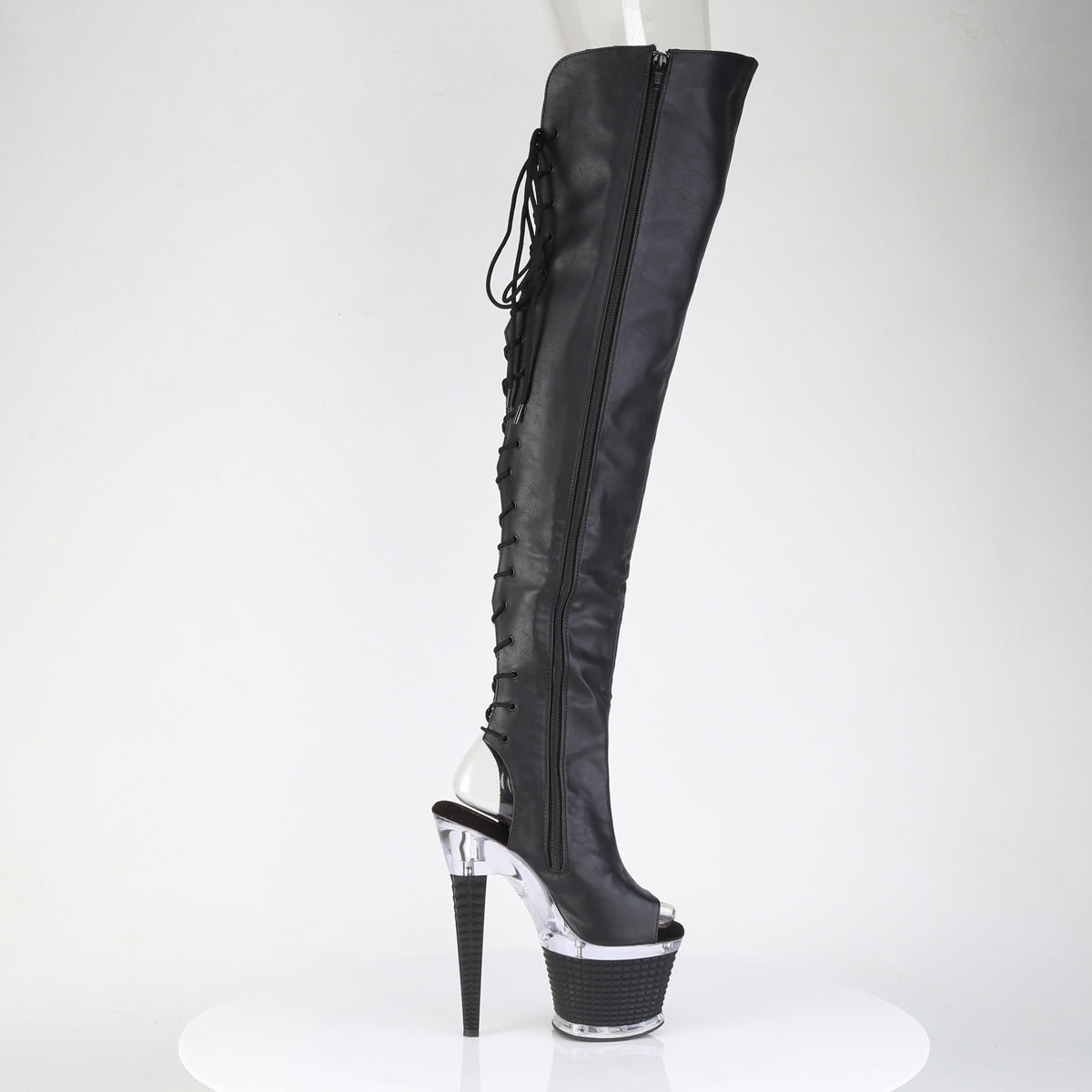 7" Heel, 3" Textured PF Lace-Up Back Thigh Boot, Side Zip (Pleaser SPEC3030/BPPU/C-BP)