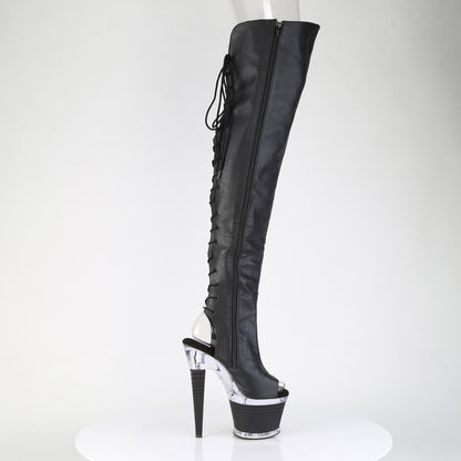 7" Heel, 3" Textured PF Lace-Up Back Thigh Boot, Side Zip (Pleaser SPEC3030/BPPU/C-BP)