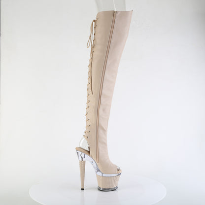 7" Heel, 3" Textured PF Lace-Up Back Thigh Boot, Side Zip (Pleaser SPEC3030/BPPU/C-BP)